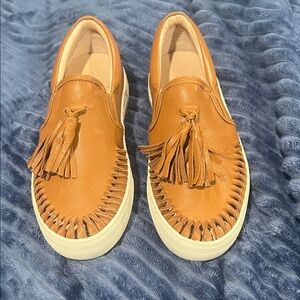 J Slides Tan Leather Tassel Slip-On Loafers